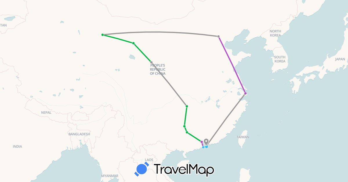 TravelMap itinerary: driving, bus, plane, train, boat in China, Hong Kong, Macau (Asia)